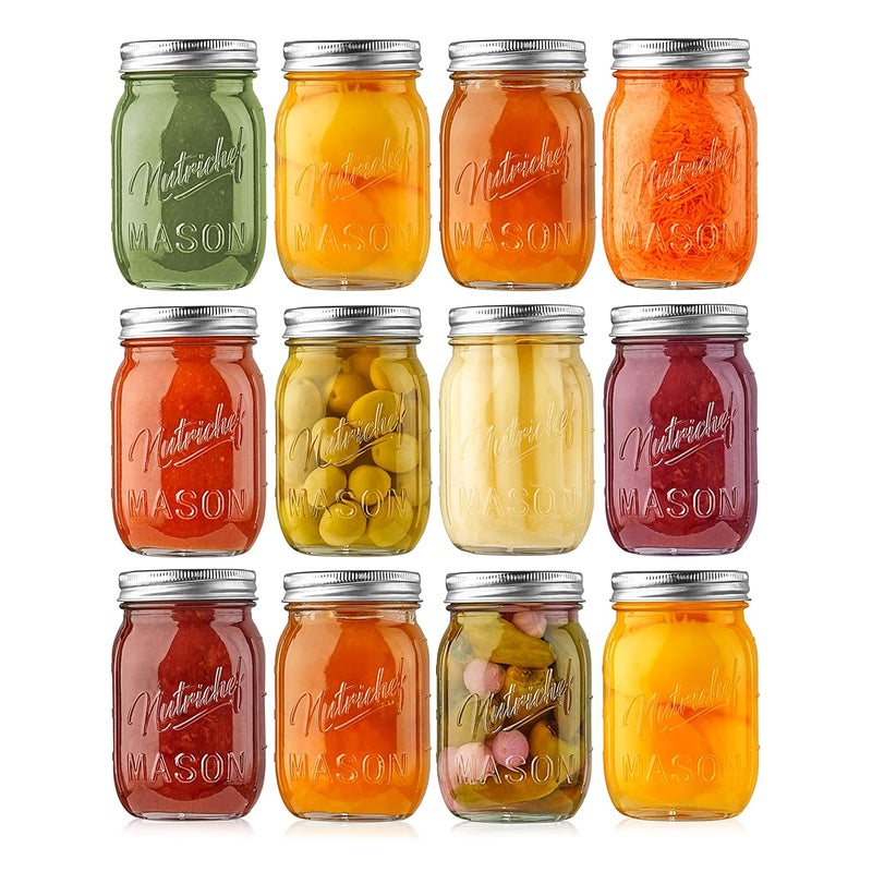 NutriChef 12 عبوة من برطمانات ميسون سعة 16 أونصة مع أغطية - برطمانات زجاجية سميكة مع أغطية من الفولاذ المقاوم للصدأ - مثالية لتوابل DIY، تحضير الوجبات، الشوفان بين عشية وضحاها، الجيلي، المربى، العسل، الشموع، الحرف، والمزيد - Image 1